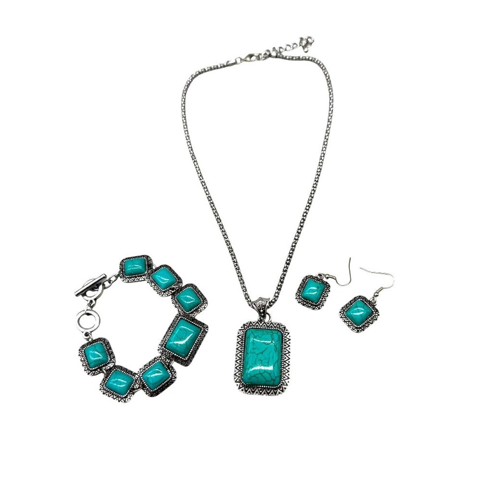 Dyed Howlite Crystal Square Pendant Chain Necklace Bracelet Earrings Set